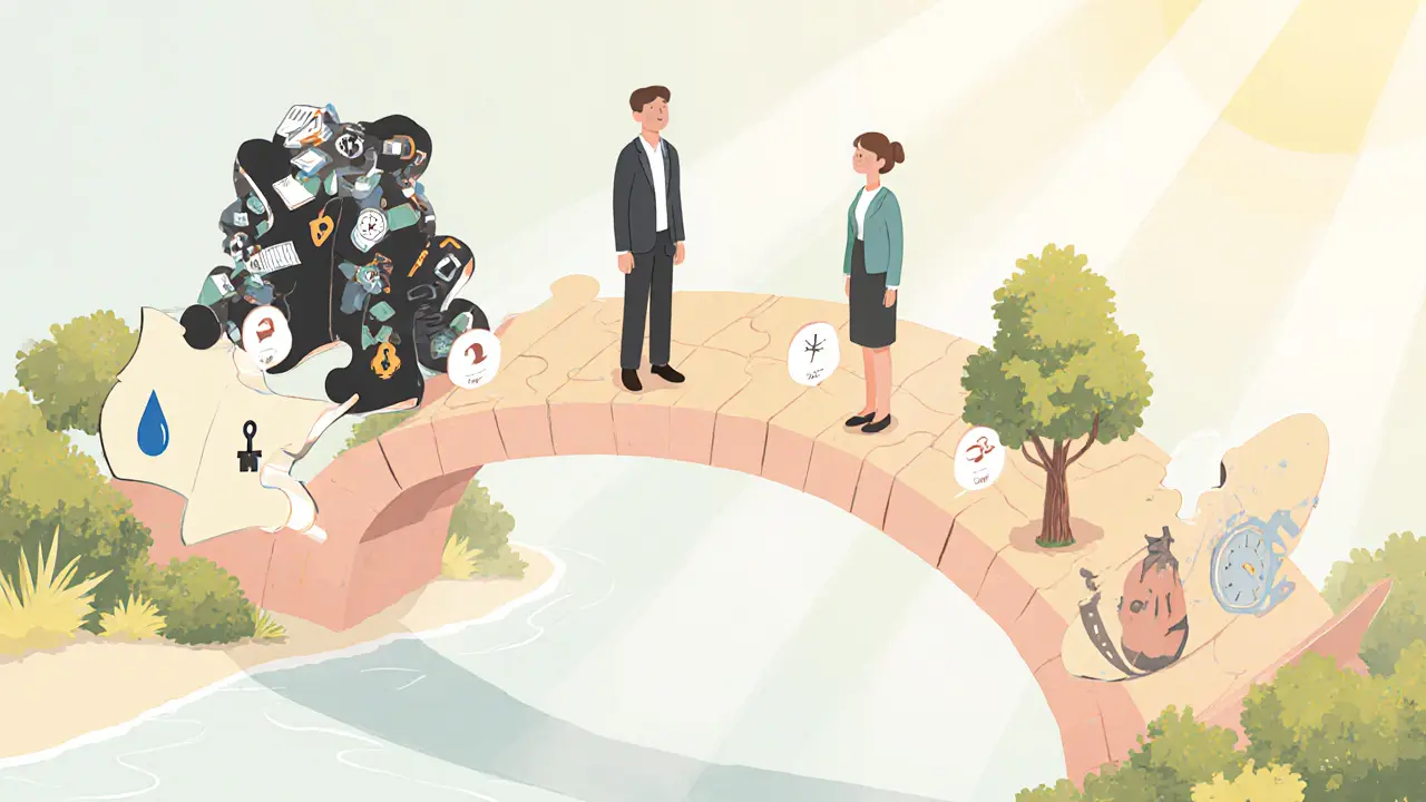 Isometrická ilustrace mostu z skládaček spojujícího minulost s budoucností, symbolizující terapeutický proces.