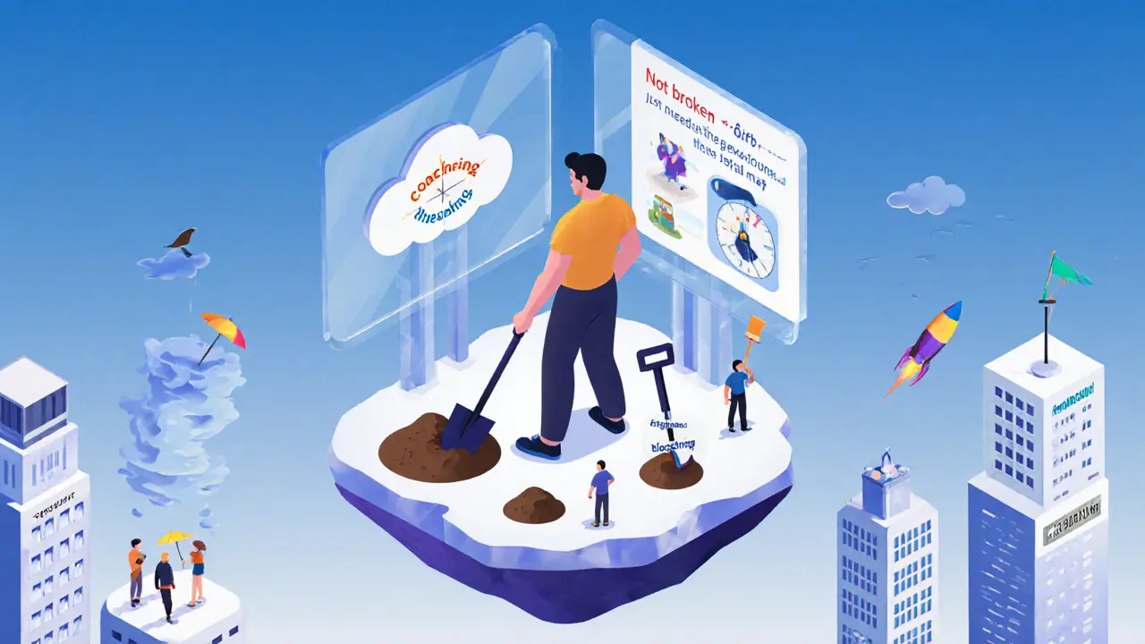 Osoba drží tři nástroje: lopatu, kompas a raketu, symbolizující terapii, poradenství a koučink v kontextu života.