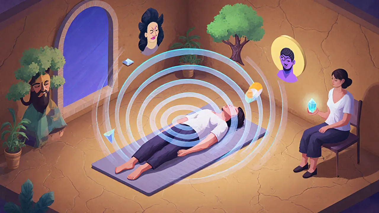 Osoba dýchá holotropně v klidné místnosti, kolem ní plavou abstraktní tvary příběhů a pamětí.