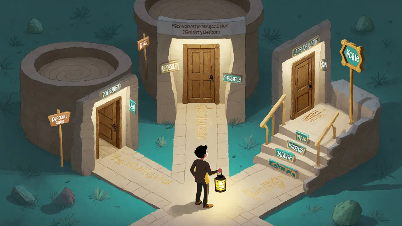 Osoba na křižovatce tří cest: terapie, poradenství a koučink, každá s unikátními vizuálními značkami.