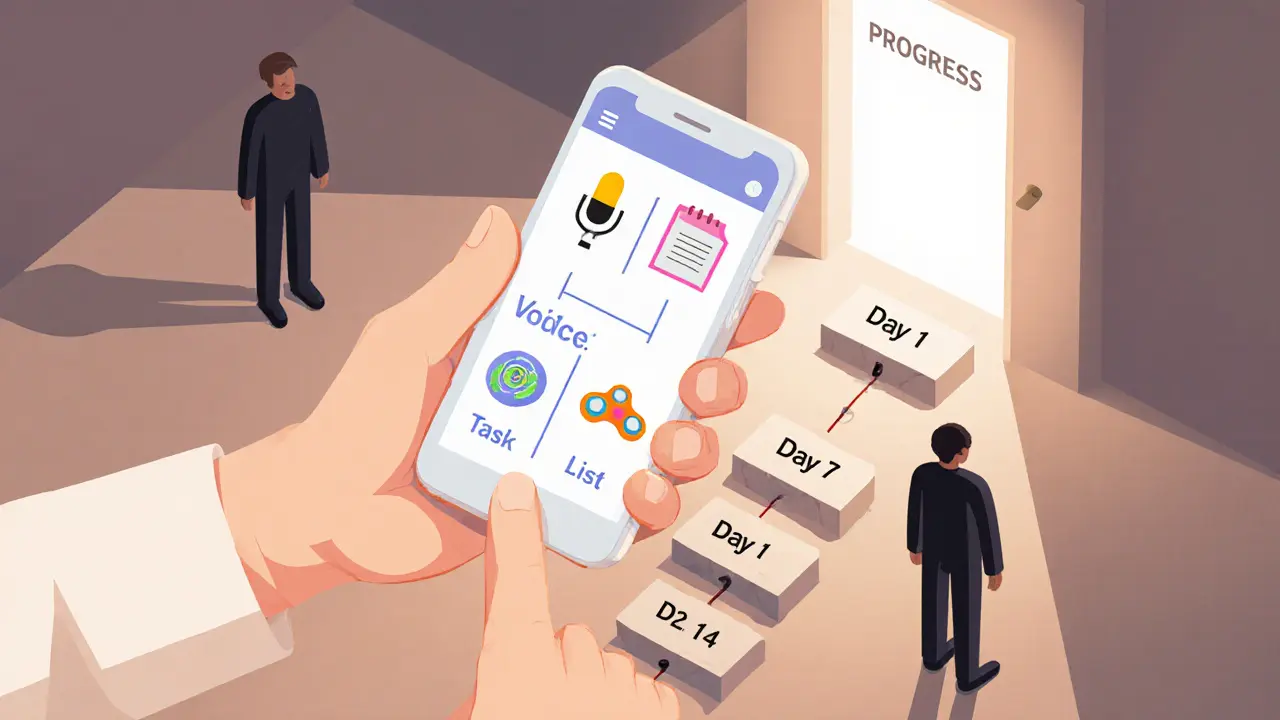 Osoba postupuje po cestě pokroku s technologiemi pro koncentraci a organizaci.