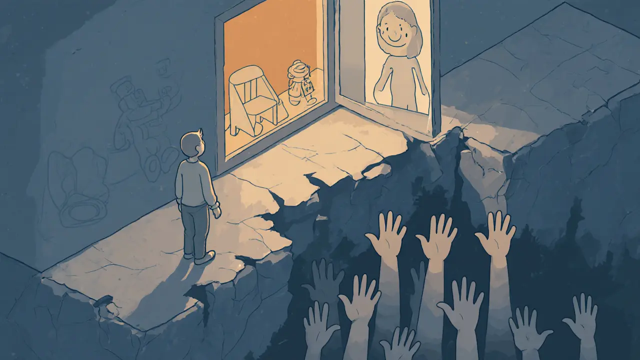 Osoba stojí na kraji propasti, nad ní se otevírá okno s její skutečnou podobou.