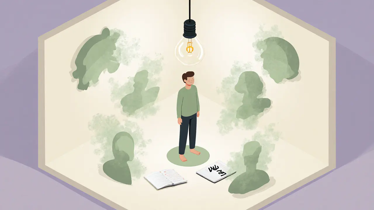 Osoba stojí uprostřed rozpadajících se očekávání, osvětlená jedinou žárovkou.