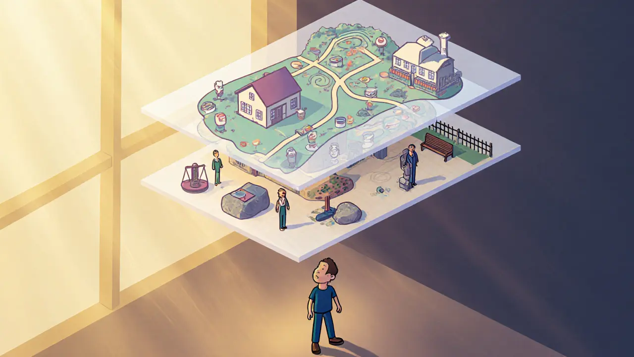 Průhledná isometrická mapa psychologické anamnézy visí nad člověkem, zobrazující jeho osobní, rodinný a sociální kontext.