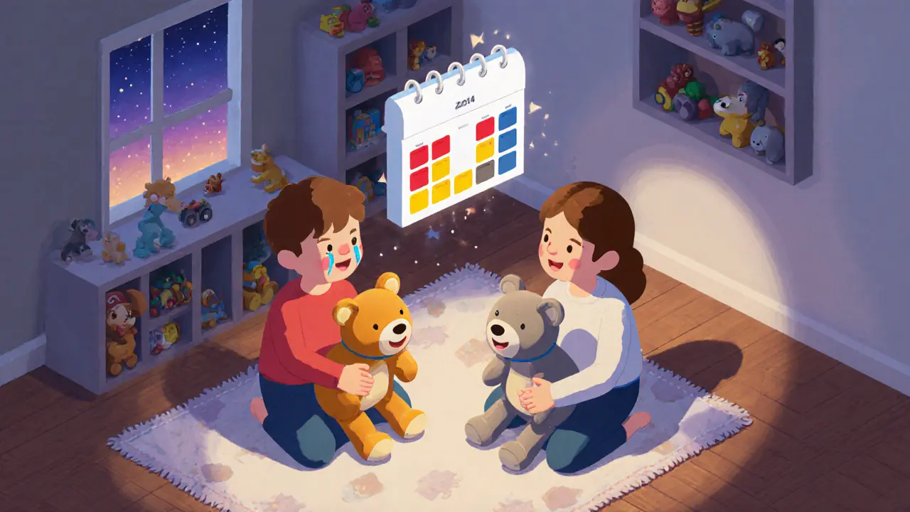 Rodič a dítě hrají rozhovor s panenky, nad nimi se objevuje kalendář emocí v pastelových barvách.