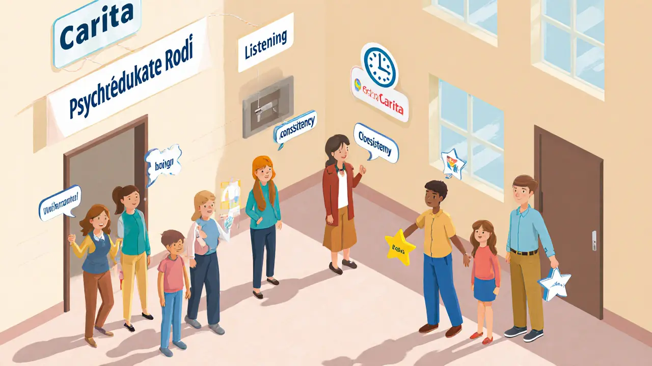 Rodiny vstupují do komunitního centra s nástroji pro psychoedukaci, symboly klíčových dovedností.