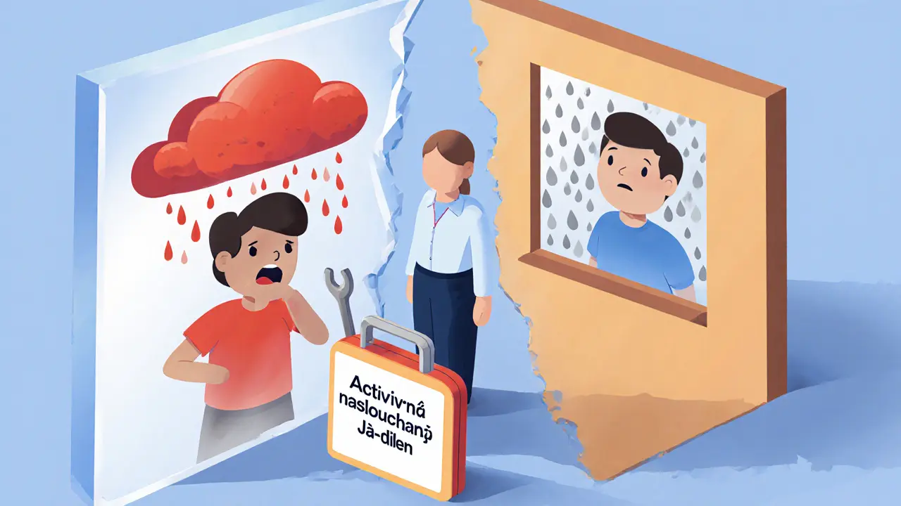 Rozdělené zrcadlo ukazuje destruktivní a konstruktivní reakce, terapeut drží nástroje pro komunikaci.