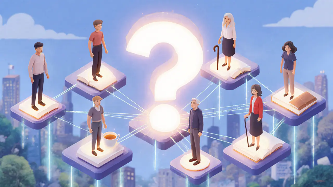 Různé věkové skupiny stojí na vlastních platformách, propojené zářícími nitkami k otázce smyslu života.