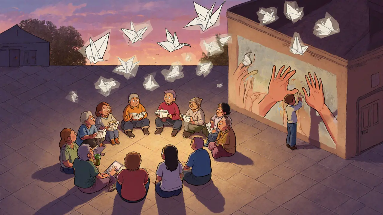 Společnost se sešla v náměstí, aby sdílela příběhy, zatímco vzpomínky plují jako papírové žáby.