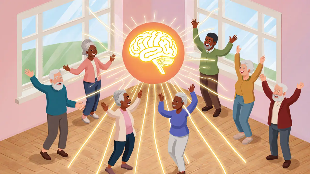 Starší lidé se pohybují v komunitním centru, jejich pohyby spojuje světelná síť s mozkem.