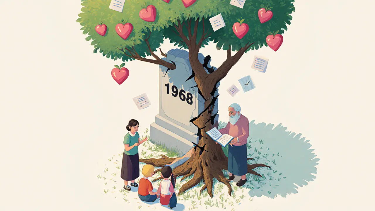 Strom roste z památníku, kořeny se vinou kolem tichých příběhů, děti poslouchají učitele.