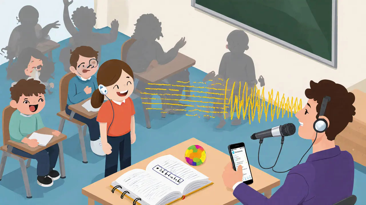 Student s headphoneymi přijímá hlas učitele přímo, zatímco rušivé hluky v třídě zmizí.