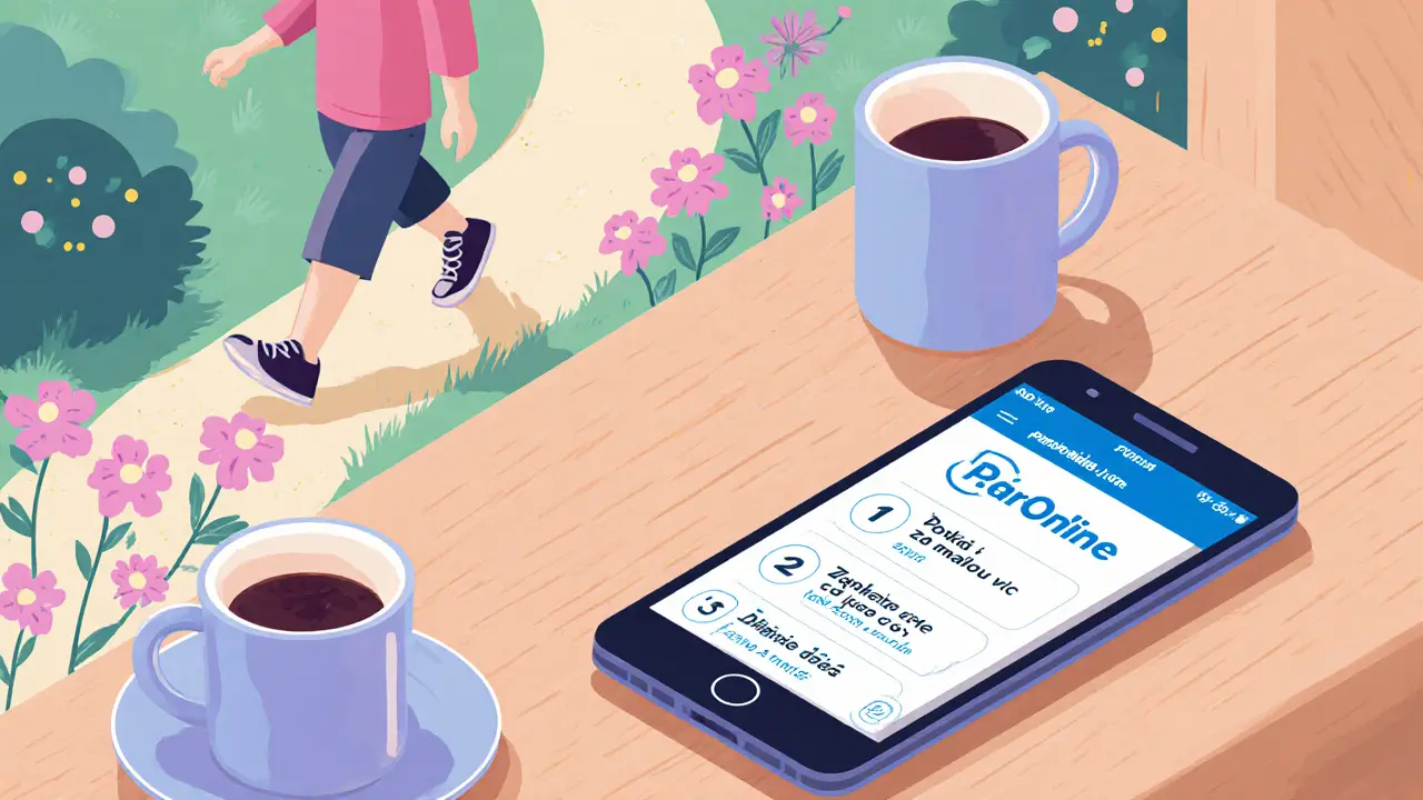 Tablet s aplikací PárOnline na stole, dva lidé se k sobě blíží po cestě s květinami.