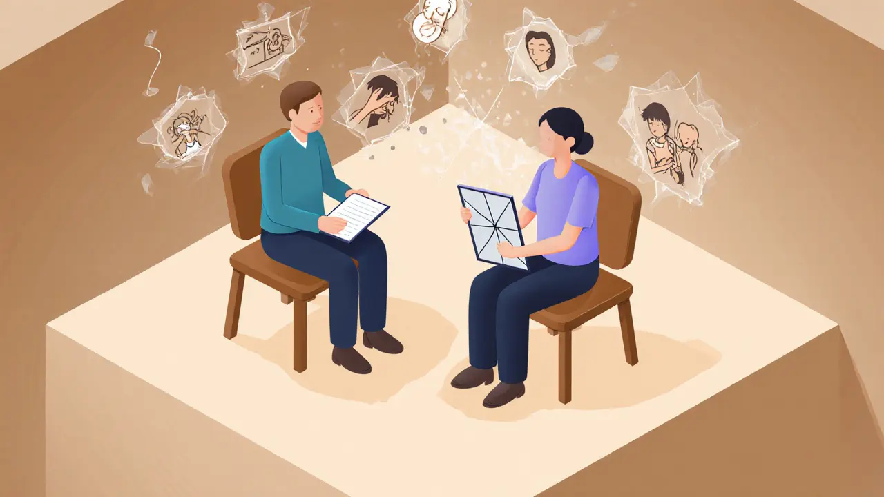 Terapeut a klient sedí ticho, před zrcadlem, které odráží jejich obličej.