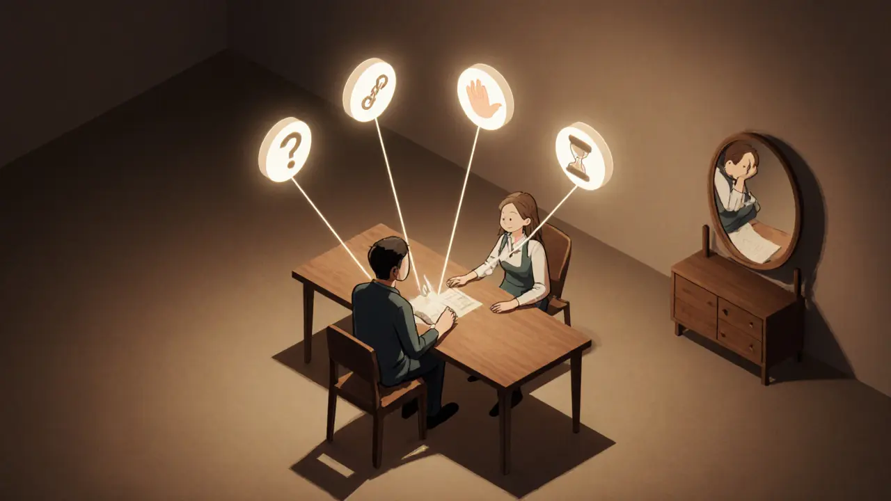 Terapeut a klient sedí u stolu, kolem nich se vynořují pět dimenzí existence jako světelné osy.