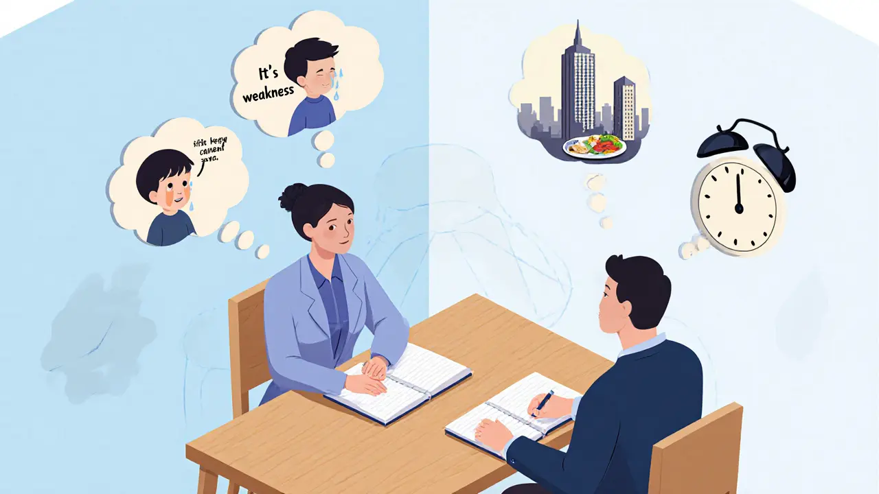 Terapeut a klient sedí u stolu, kolem nich se vznášejí myšlenkové bubliny s významnými okamžiky jejich příběhu.