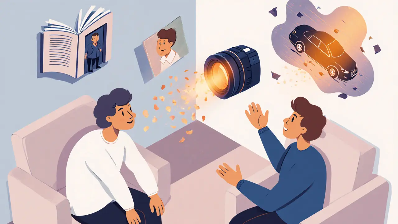 Terapeut a klient spolu mluví, kolem nich plavou příběhy a symboly vnitřního objevování.