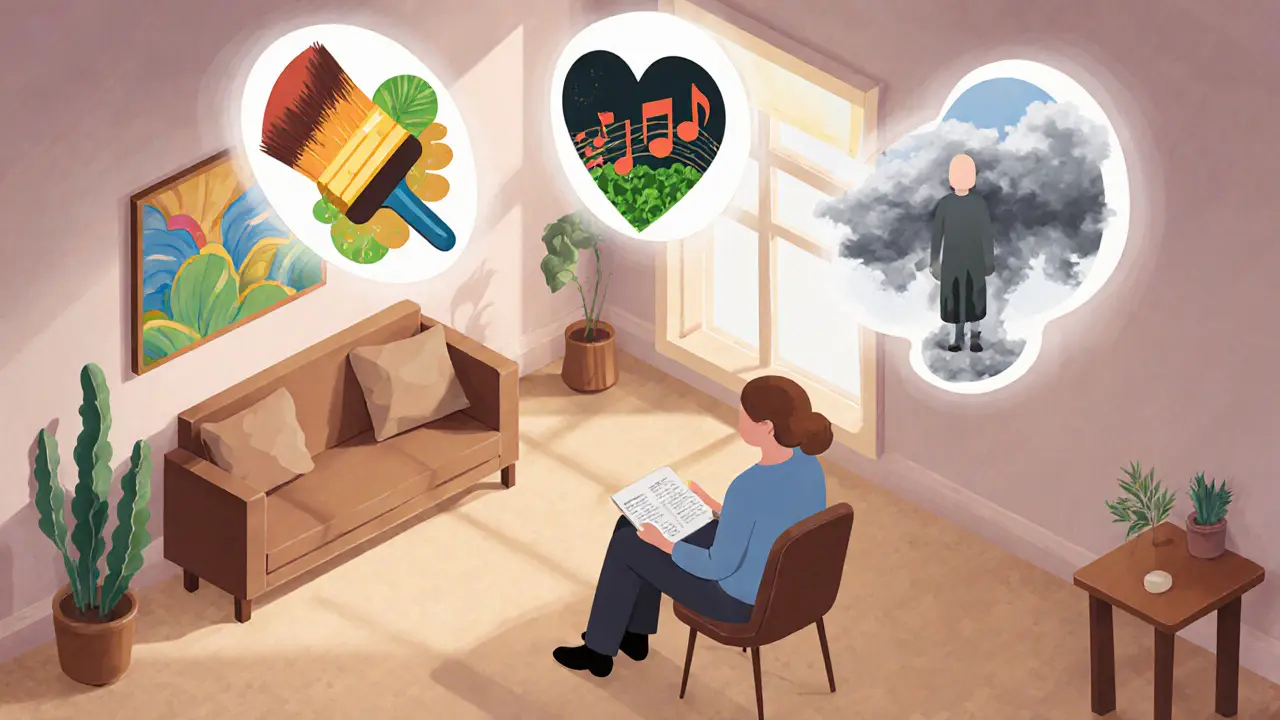 Terapeut a klient v místnosti, kolem nich tři abstraktní hodnoty: tvorba, zážitek a postoj.