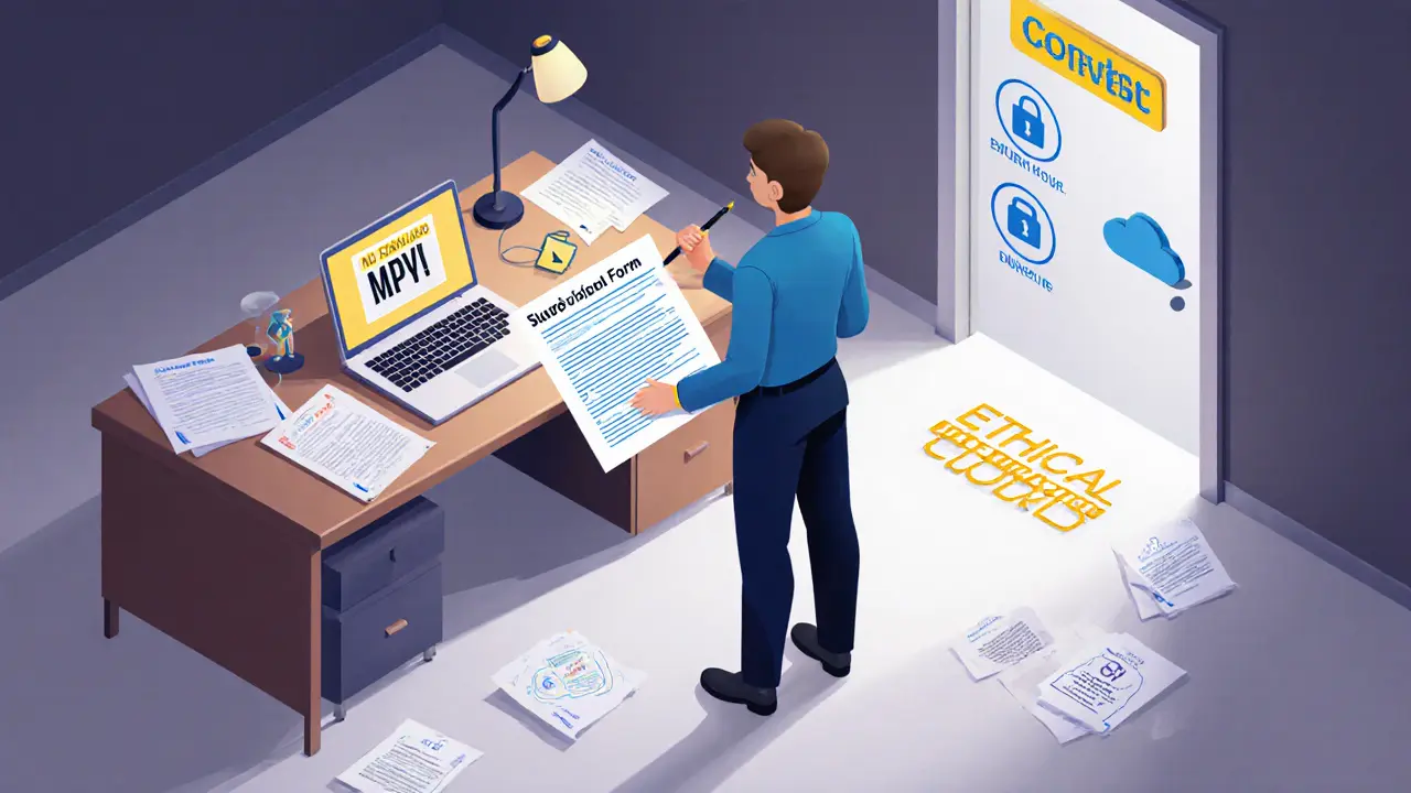 Terapeut stojí před dokumenty a varováním o úniku dat, cesta k etické praxi je osvětlena.