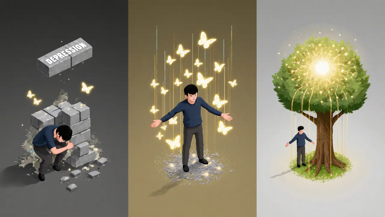 Tři fáze transformace: osoba pod tíhou, která se mění v světlo a spojení s vesmírem.