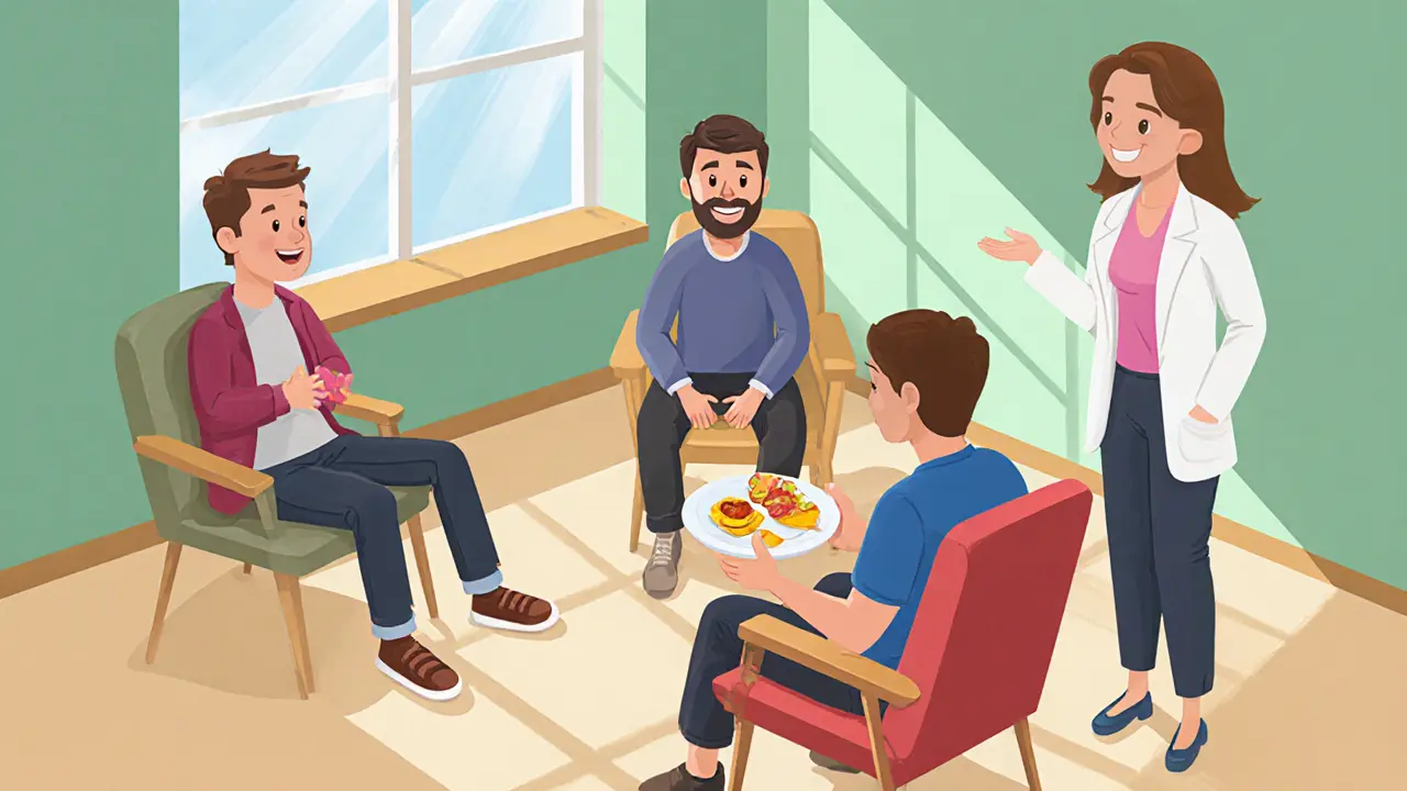 Tři muži v terapii sedí v kruhu, terapeutka jim mírně smíří.