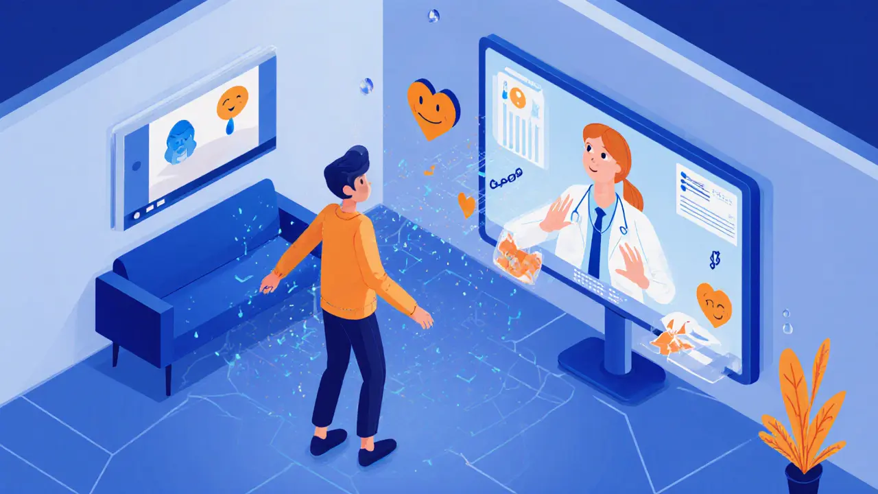 Virtuální taneční terapie: osoba tančí doma, její pohyb sledují senzory a terapeut na obrazovce.