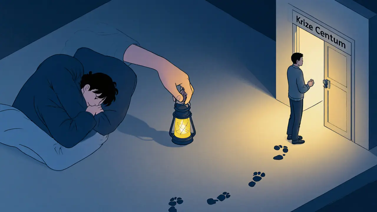 Vizuální příběh od úpadku přes pomoc k obnově, znázorněný jako isometrický diagram s lucernou jako symbolem naděje.