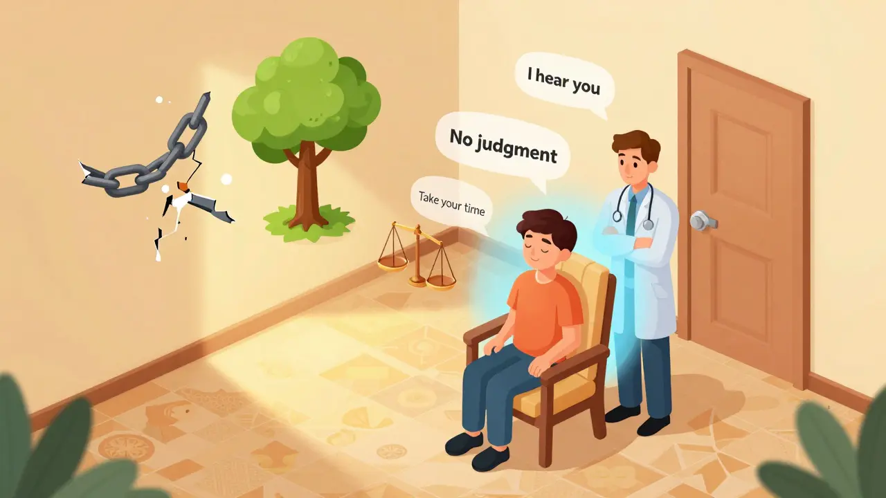 Abstraktní terapeutický prostor s symboly důvěry, bezpečí a růstu.