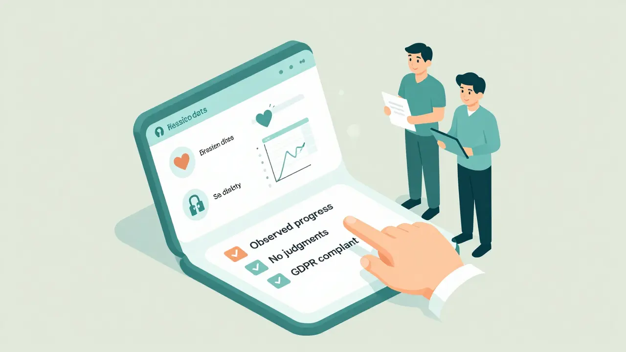 Digitální rozhraní terapeuta zobrazuje bezpečné záznamy a pokrok klienta.