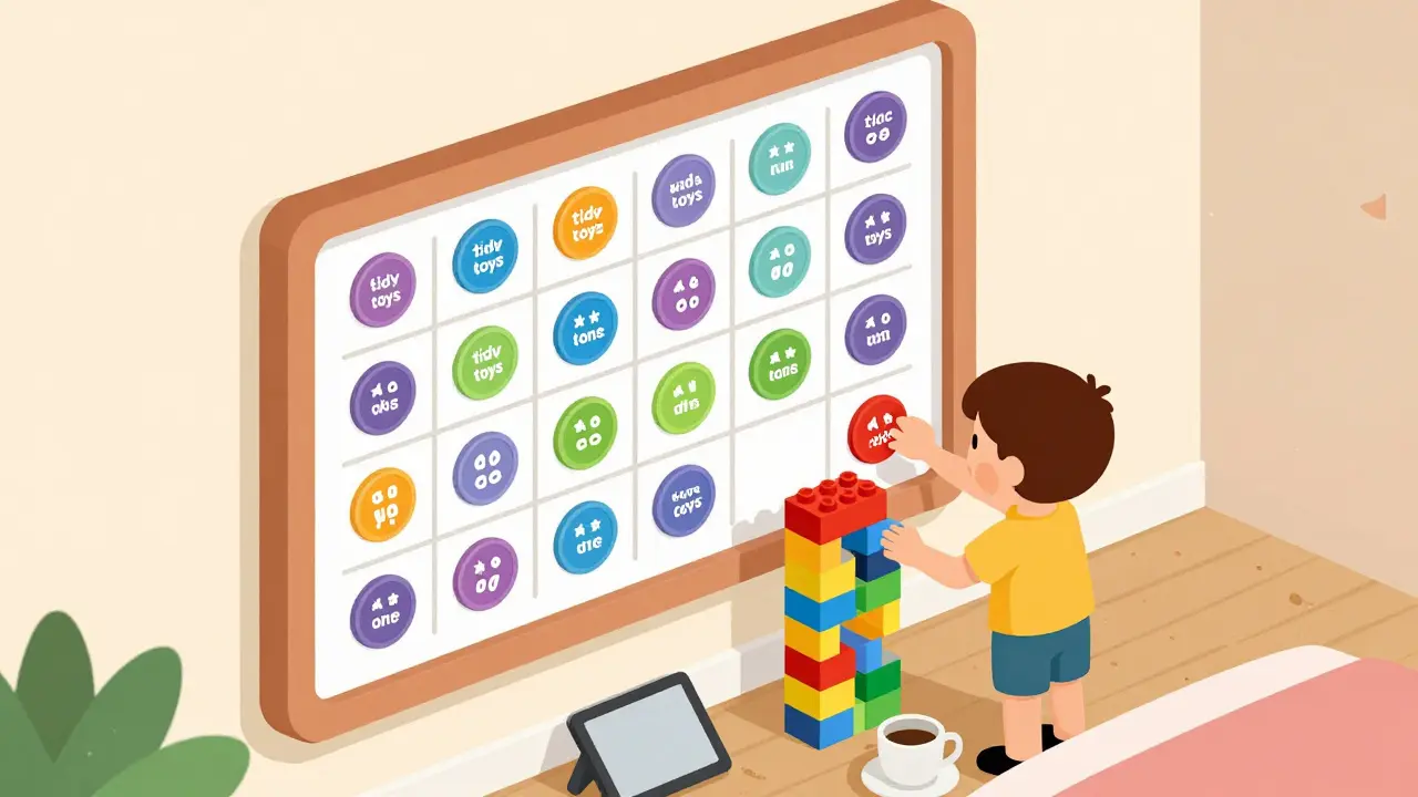 Dítě přesouvá magnetku na vizuální tabuli s odměnami, vedle roste věž z Lego kostek.