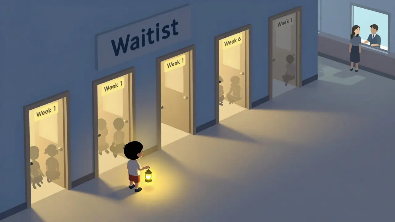 Dítě stojí v dlouhé chodbě čekání s lampou, zatímco za dveřmi jiné děti čekají na terapii.