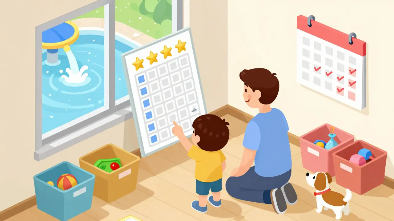 Dítě ukazuje na dokončenou tabulku odměn, za oknem je aquapark jako slibovaná odměna.