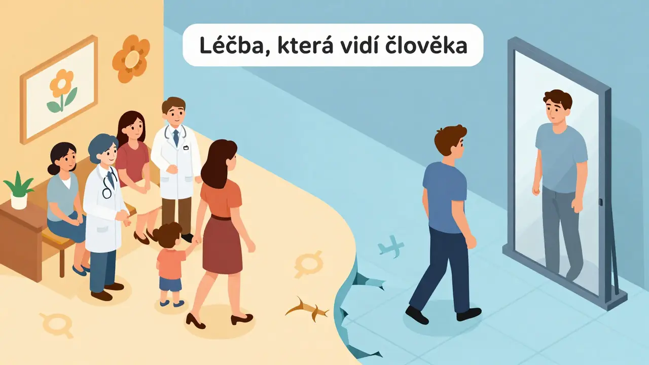 Dvě cesty k uzdravení: žena s dítětem a muž před zrcadlem, symbolizující genderově specifickou léčbu.