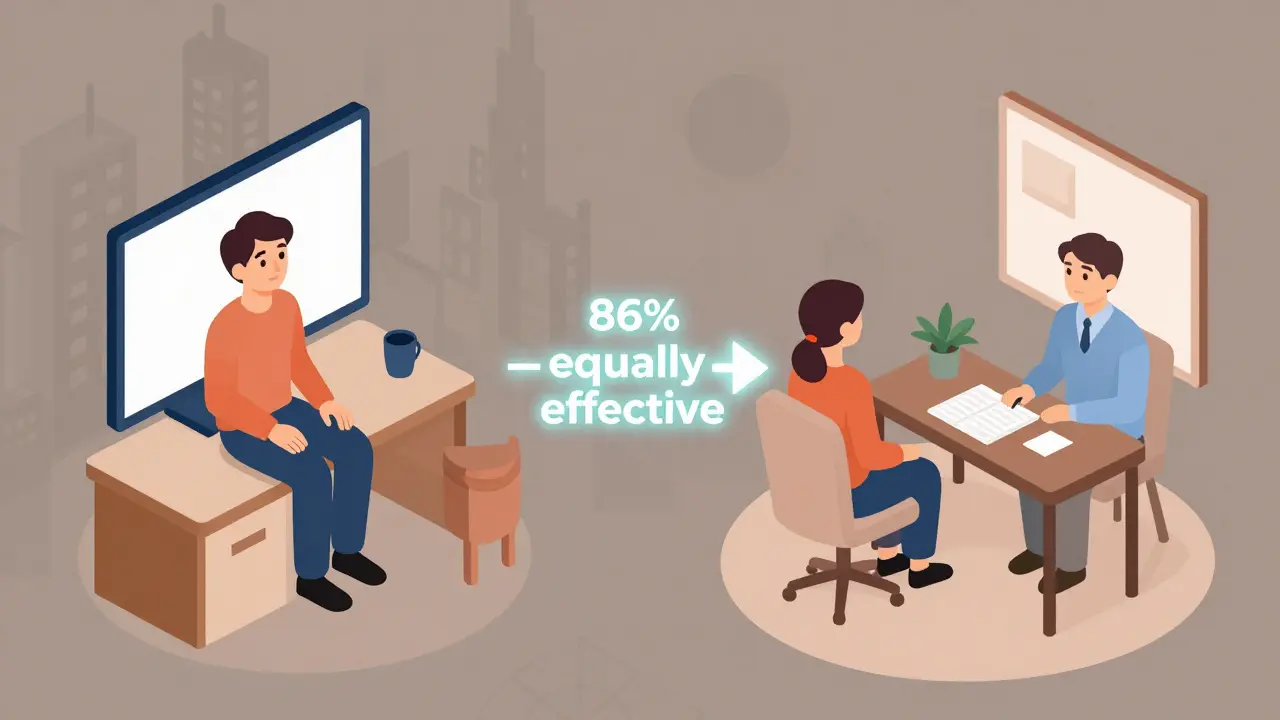 Dvě stejně účinné terapeutické sezení: jedno online, jedno osobní, vedle sebe.