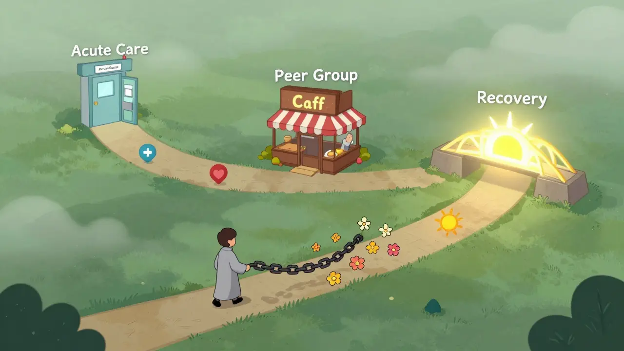 Isometrická ilustrace cesty k uzdravení s třemi zastávkami: nemocnice, podpůrná skupina a most úspěchu.