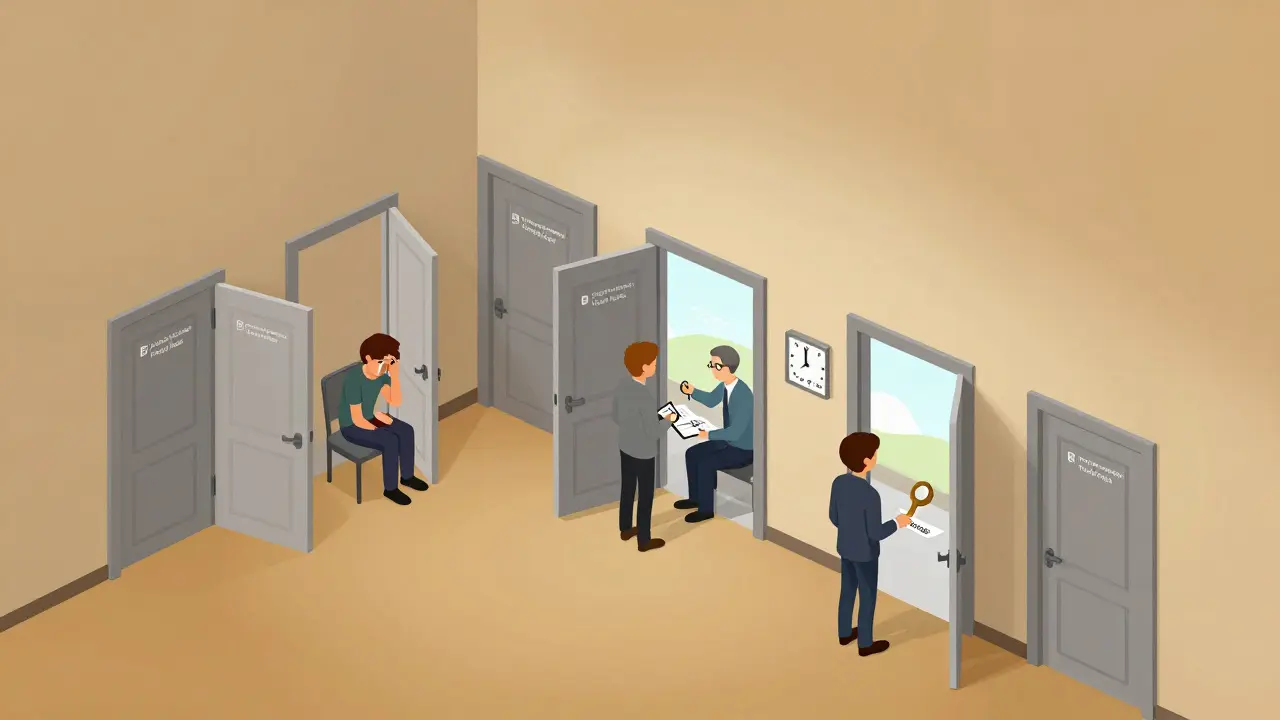 Isometrická ilustrace chodby s 27 dveřmi, z nichž jen tři jsou otevřené, s postavou, která se zastavila u vstupu s klíčem &#039;odvahy&#039;.