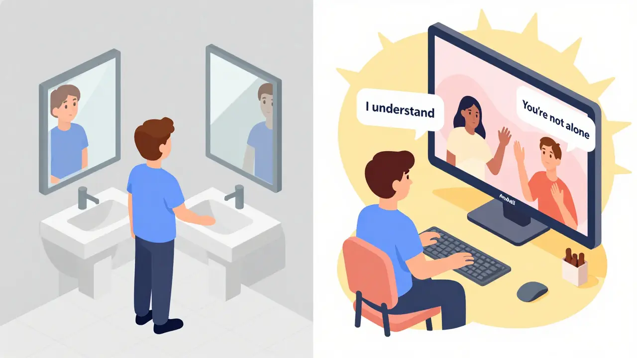 Isometrická ilustrace osoby v koupelně a stejné osoby v online skupině, znázorňující přechod od izolace k podpoře.