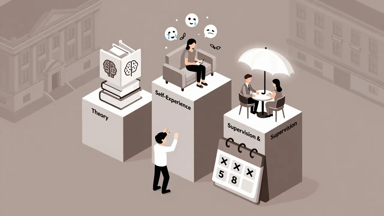 Isometrická ilustrace tří sloupů psychoterapeutického výcviku: teorie, sebezkušenost a supervize, s postavou, která se na ně vynáší.