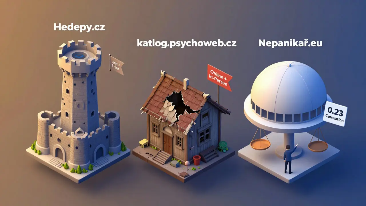 Isometrické srovnání tří katalogů psychoterapeutů jako budov s různou kvalitou a funkcemi.