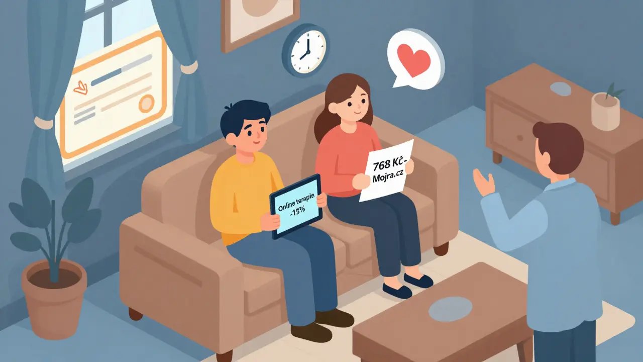 Isometrický obraz páru v domácnosti, kde jeden používá online terapii a druhý vidí nízkou cenu 768 Kč.