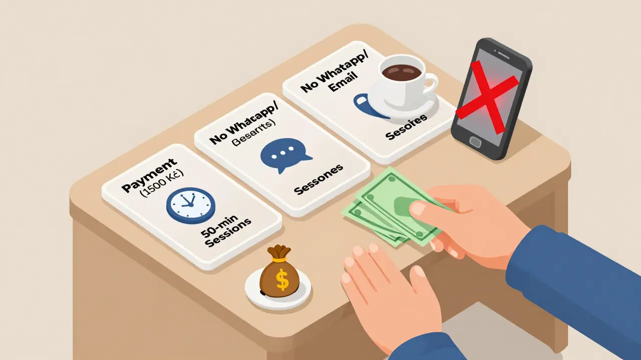 Izometrická ilustrace terapeutova stolu s jasně označenými pravidly: platba, žádná komunikace přes WhatsApp, 50 minut sezení.