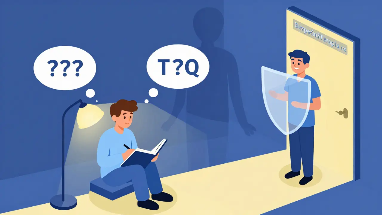 Klient píše do deníku, za ním stín terapeuta mizí, nahrazen novým terapeutem s ochranným štítem a cestou k bezpečné terapii.