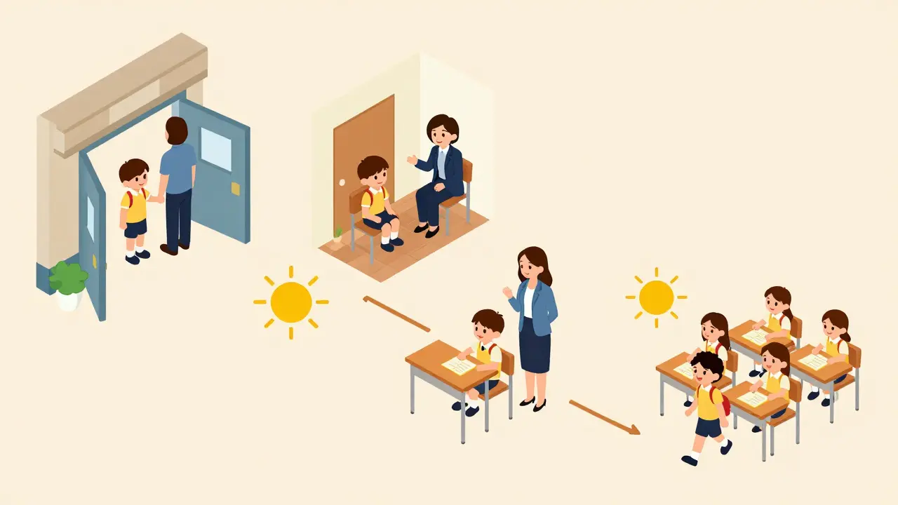 Krokový návrat dítěte do školy s podporou školního psychologa a učitele.