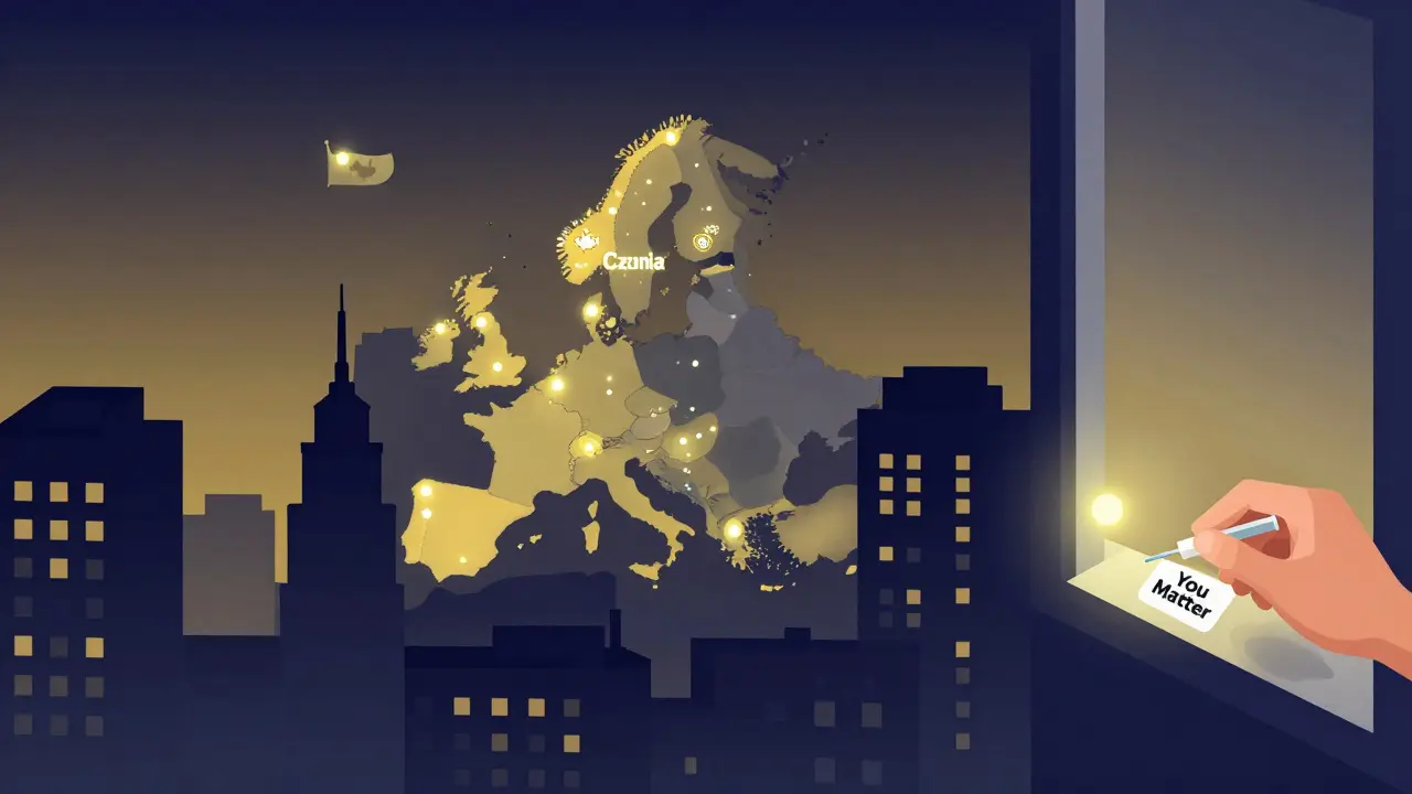 Mapa evropských center snižování škod s postupným osvětlením Česka.