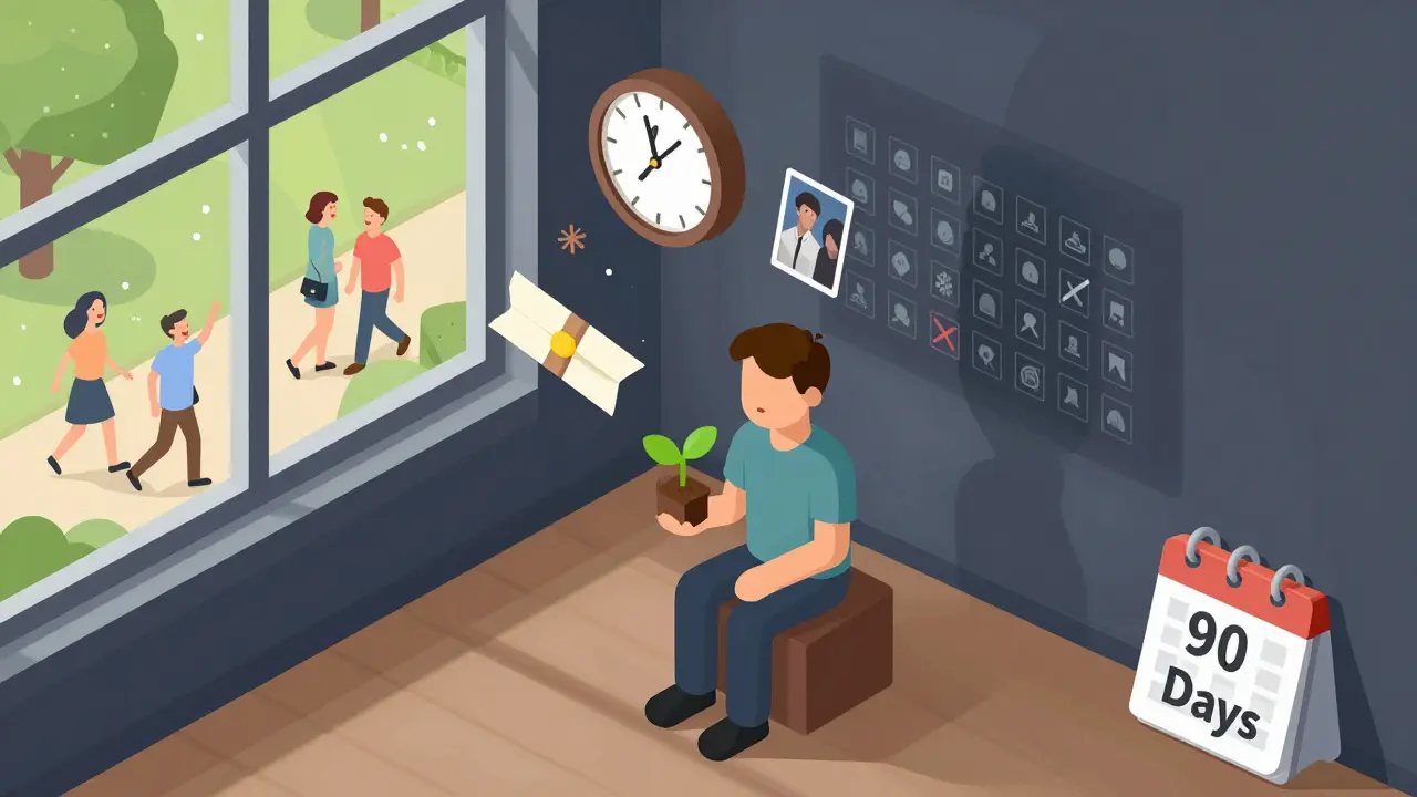 Muž v izolovaném prostředí, okolo něj symboly ztraceného života, venku slunce a lidé v přírodě, drží malou rostlinku jako znak naděje.