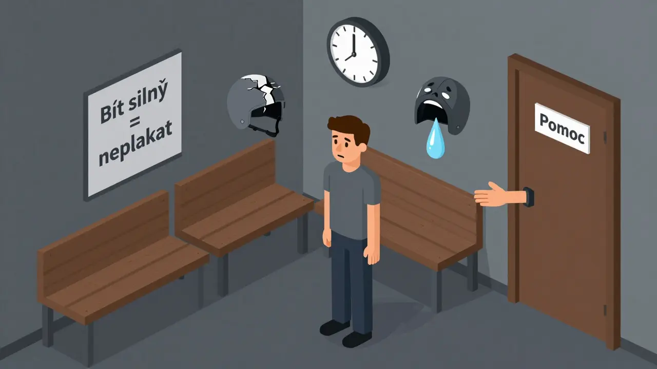 Muž v terapii, kolem něj plavou symboly potlačených emocí a sociálního tlaku.