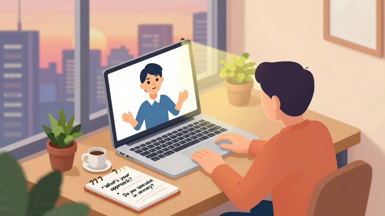 Osoba hovoří s terapeutou přes videohovor v domácím prostředí.