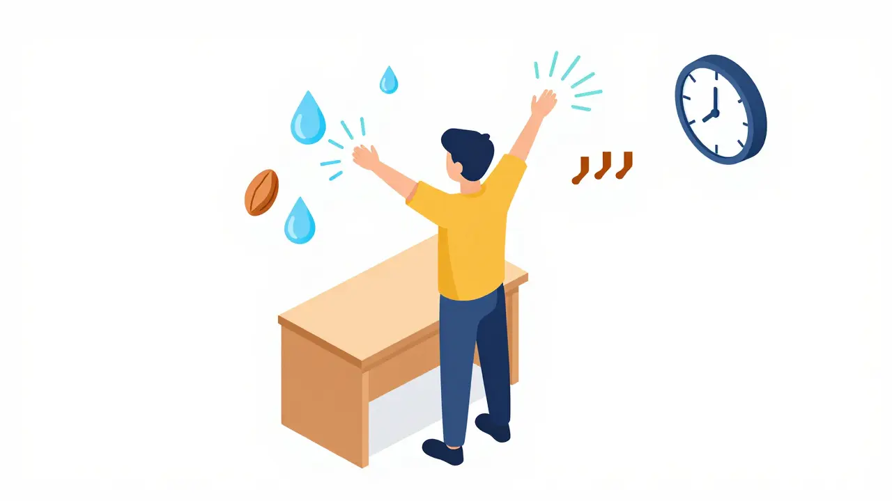 Osoba se protahuje každou hodinu, kolem ní symboly zdravého životního stylu: voda, oříšky, chůze.