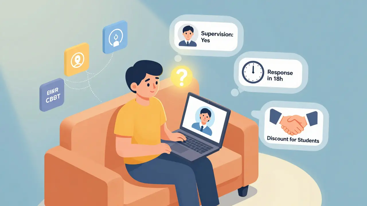 Osoba si prohlíží profil terapeuty s myšlenkovými bublinami o supervizi, rychlé odpovědi a slevě pro studenty.