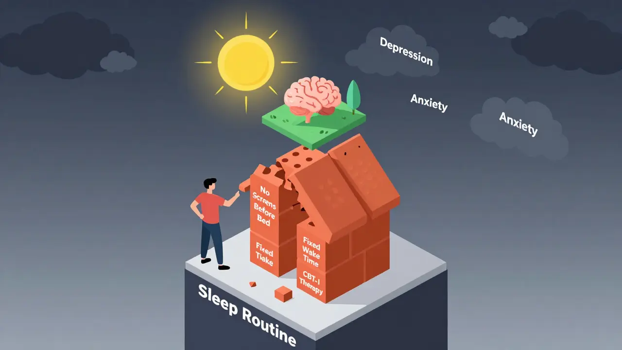 Osoba staví dům duševního zdraví na základě správného spánkového režimu.